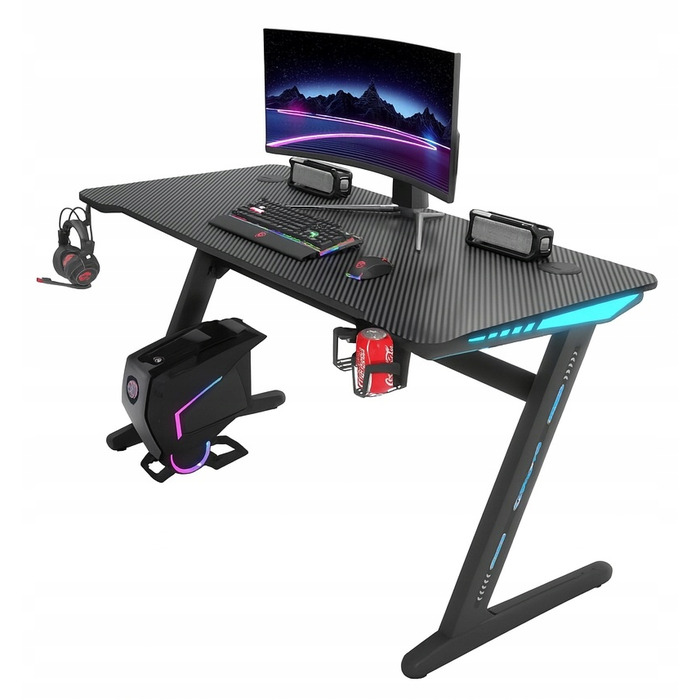 Ігровий комп'ютерний стіл з LED-підсвіткою, сучасний геймерський стіл, 140 см, чорний