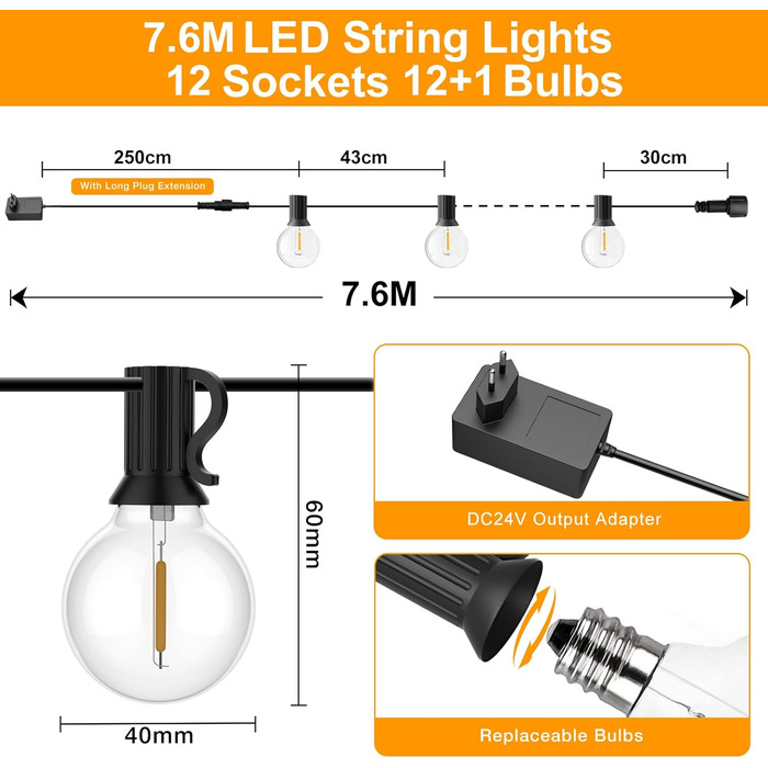 LED гірлянда GLUROO для вулиці, 7.6м, 12+1 G40 лампочки, вологостійка, тепле біле світло, для саду, вечірок