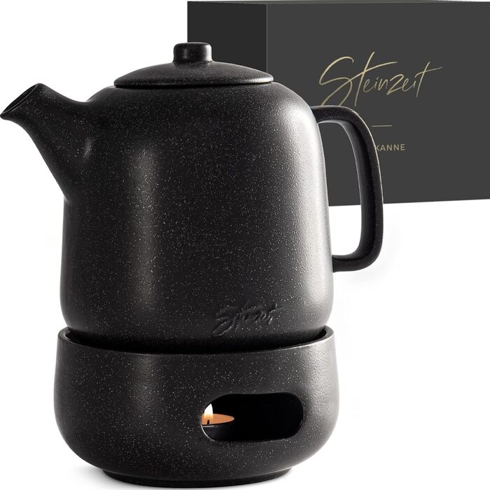 STEINZEIT Design Teapot with infuser made of rust-resistant 304 stainless steel - Teapot ceramic with unique glaze with removable strainer - black (1.3L with trivet)