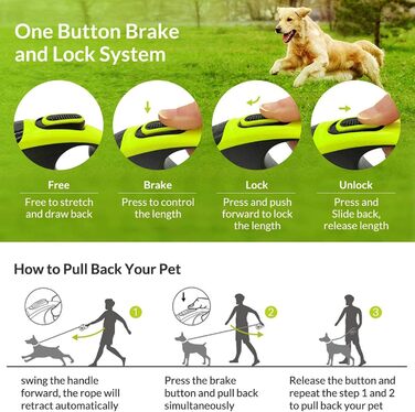 Рулетка для собак, 4.6 м, для малих, середніх та великих собак до 110 кг, міцна, з блокуванням, зелена