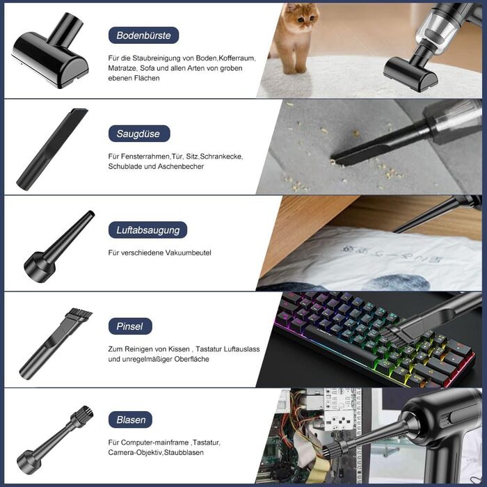 Бездротовий ручний пилосос 2-в-1 для авто, дому та кухні, 15000PA, 120W, чорний