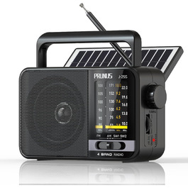 Радіоприймач PRUNUS J-25S FM/AM/SW: Портативне радіо на сонячній батареї з акумулятором 1800mAh, великий динамік, чудовий прийом, просте радіо для літніх людей