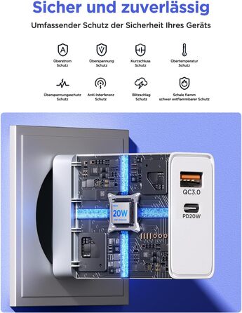 Мережевий адаптер USB C з двома портами, 20W, PD 3.0, з кабелем USB C - USB C 2м, білий