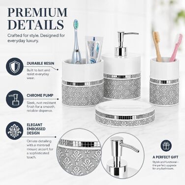 Набір аксесуарів для ванної кімнати Creative Scents Mirror Damask, 6 предметів (сірий та білий): дозатор мила, мильниця, стакан, тримач для зубних щіток, коробка для серветок, кошик для сміття