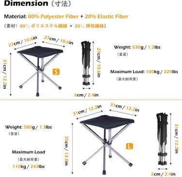 TRIWONDER Складний туристичний стільчик для кемпінгу, риболовлі та відпочинку на природі (Чорний, S)