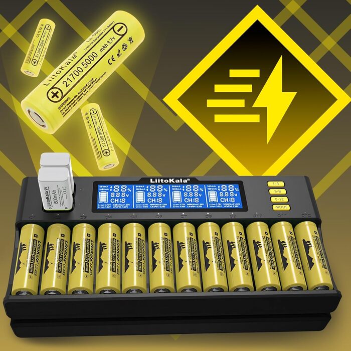 Зарядний пристрій Retoo для акумуляторів AA, AAA, 9V NI-MH/NI-CD, Li-ion 3.70V/3.80V, LiFePO4 3.20V, 12 слотів, швидка зарядка з LCD дисплеєм, чорний