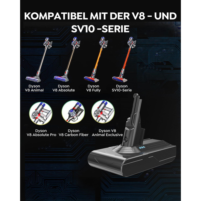 Акумулятор FLYLINKTECH 8.0Ah V8 для пилососів Dyson V8 Absolute/Animal/Fluffy/Motorhead SV10 з 2+1 фільтрами та 4 шурупами