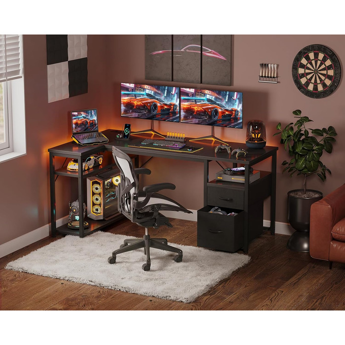 Ігровий кутовий стіл Coleshome з 2 шухлядами, 140×80 см, чорний