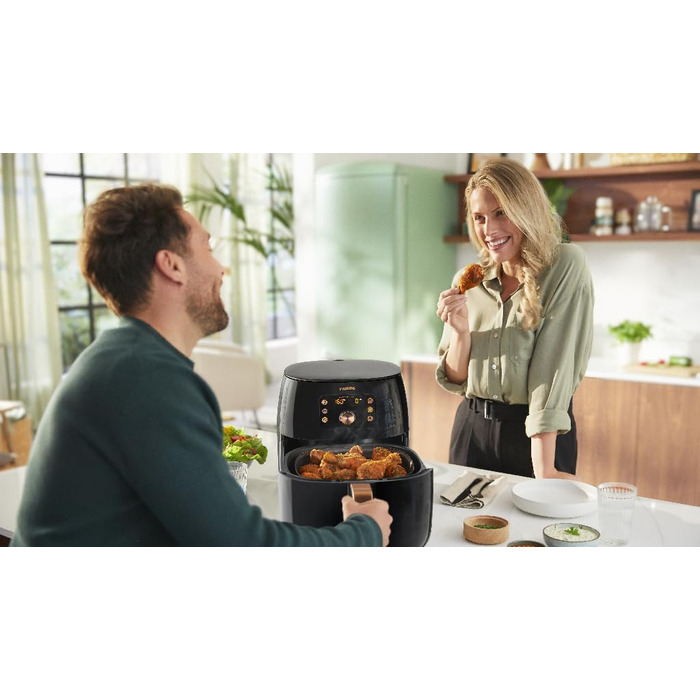 Philips Airfryer XXL with Rapid Air Technology - Hot Air Fryer with 7.3L Capacity, 90% Less Fat, Smart Sensing for Perfect Results, QuickClean, Recipe App, Black/Copper (HD9867/90)