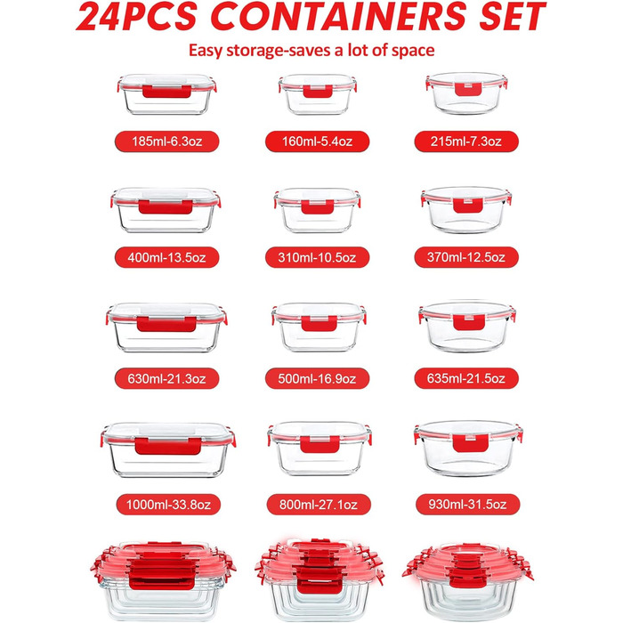 Набір контейнерів Verones 24 шт. з кришками, повітряний, скляний, для обіду, червоний