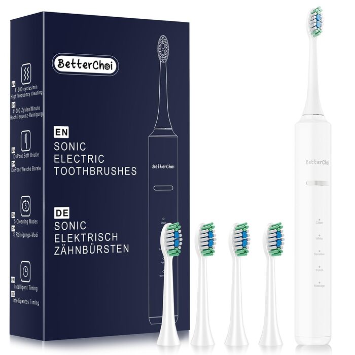 Електрична зубна щітка Betterchoi з магнітною левітацією, 41 000 VPM, 4 насадки, IPX7, 180 днів роботи, 5 режимів, таймер