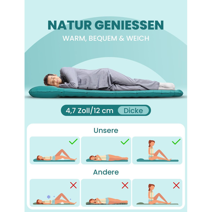 Glymnis Isomatte Camping Air Mattress - 9cm Thick, with Foot Pump & Pillow - Ultralight Outdoor Sleeping Pad for Camping, Hiking, Travel - Army Green/Turquoise