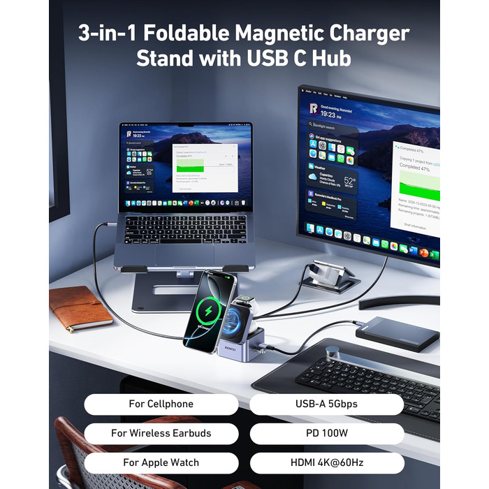 BENFEI 3-в-1 Станція зарядки MagSafe з USB-C хабом – для iPhone 16/15/14/13/12, Apple Watch та AirPods. HDMI (4K@60Hz), 100W PD, 2x USB 3.0 (5Gbps)