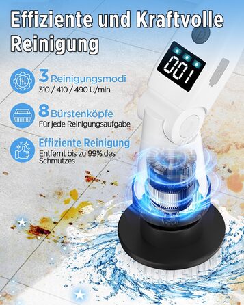 Електрична щітка для прибирання з 8 насадок, 3 швидкості, IP65 водостійка, регульована ручка, акумуляторна щітка для ванної, кухні, плитки, душу та кутів (біла)