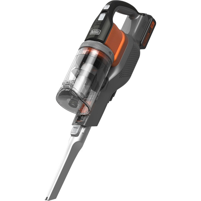 Бездротовий акумуляторний пилосос Black+Decker 4-в-1 BHFEV182C (18V, 2.0Ah) з електрощіткою, для підлоги та ручного використання, з насадкою для щілин, акумулятором, зарядним пристроєм та настінною підставкою, Titanium/Orange