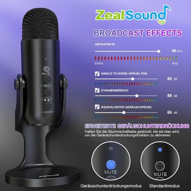 USB мікрофон Zealsound: конденсаторний мікрофон для ПК, телефону, PS4, PS5. Ідеально для геймінгу, подкастів, запису звуку, стрімінгу та ASMR. З регулюванням гучності та ефектом ехо. Сумісний з Mac, Windows. Чорний колір.