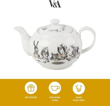 V&A Alice in Wonderland Teapot, pitcher for serving tea, water jug, pot with lid, intricately painted ceramic design, 450 ml, white