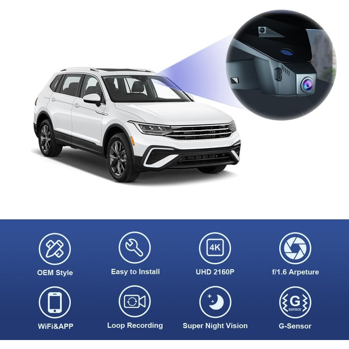 Автореєстратор Fitcamx 4K UHD для VW Tiguan 2016-2024 (HD2-6108) — OEM відеореєстратор з WiFi, G-сенсором, паркуванням та карткою пам'яті 64GB, Plug & Play