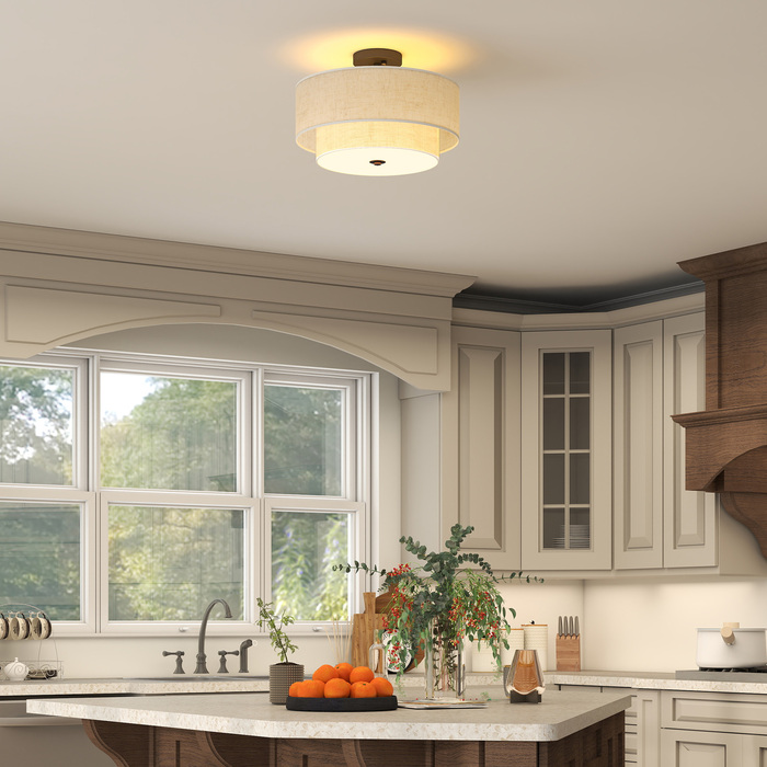 HOMCOM Pendant Light with Double Linen-Look Shades, Cream White
