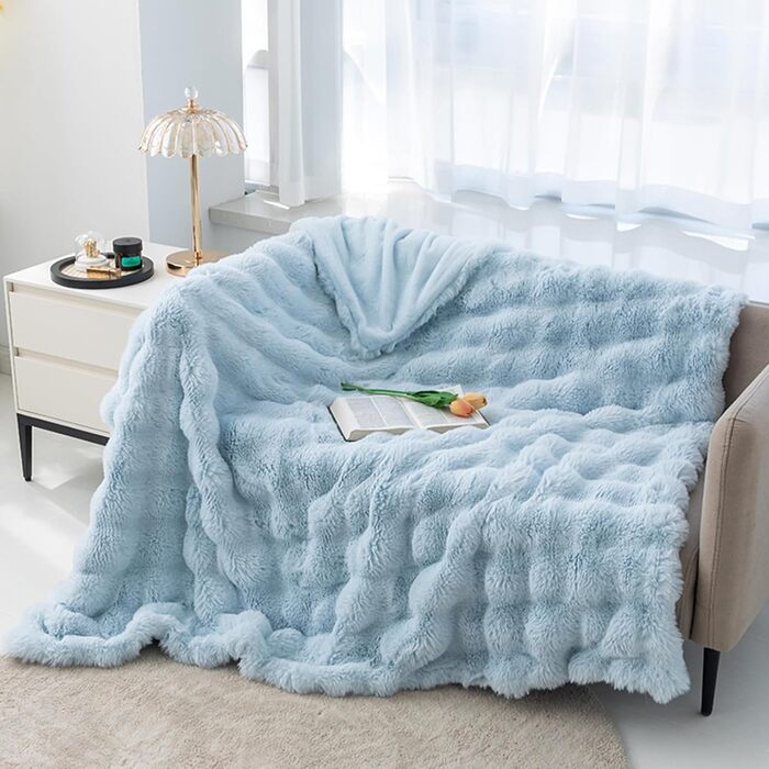 Плед Ergocar з м'якого штучного хутра, 160x200 см, світло-блакитний | Плед для дивану, крісла, ліжка