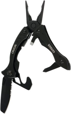 Gerber Multi-Tool with 9 functions and belt clip, Crucial, with belt cutter and liner-lock locking mechanism, open length: 9.1 cm, Black, 31-001518