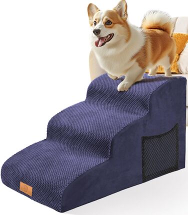 Masthome Dog Stairs for Small Dogs, 4 Steps Pet Stairs with Washable Cover, 52cm High Cat Stairs for High Beds, Dog Ramp Ladder, Removable, Black (3 Step Dog Stairs - Blue)