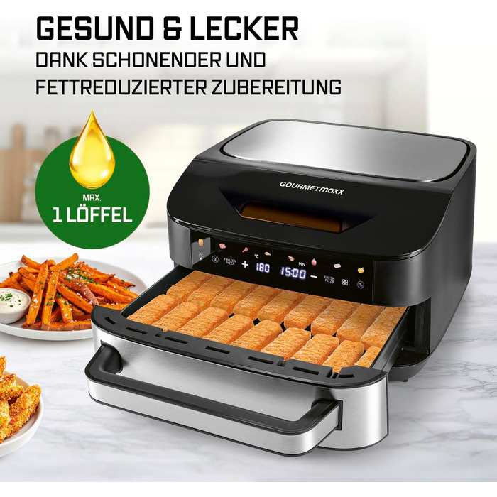 Фритюрниця повітряна GOURMETmaxx AirGenius, 9 л (2 x 4,5 л) з 8 програмами | 2 камери для одночасного приготування | Сенсорний дисплей, для 8 осіб