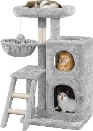 Yaheetech Cat Tree 94 cm high, Cat Climbing Tree for Cats, with Sisal Posts, Caves, Large Platform, Basket, Plush Balls, Light Grey