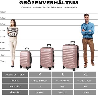 Чемодан великий, жорсткий ABS, з телескопічною ручкою, 4 колеса (360°), кодовий замок, набір (56/66/76 см), Рожеве золото