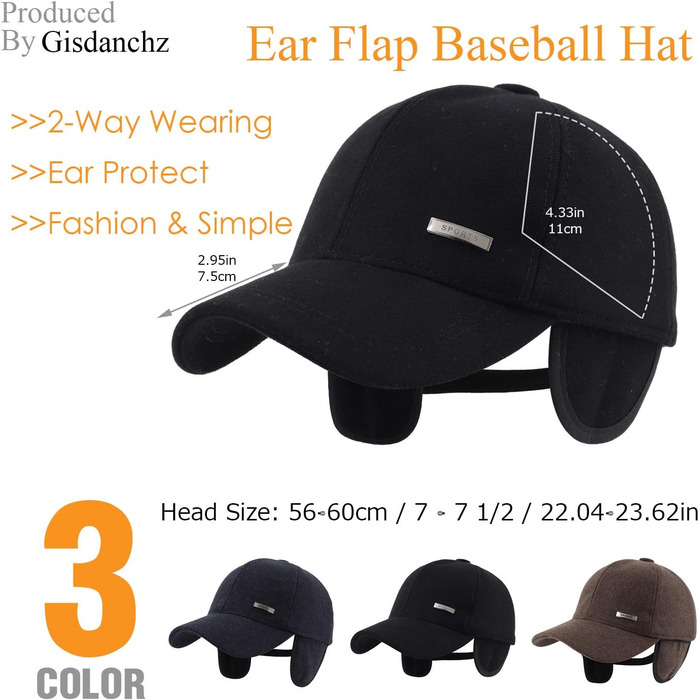 Зимова шапка-кепка Gisdanchz 22-23 з навушниками та металевою застібкою, 56-60 см, чорна