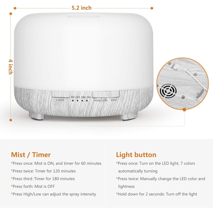 Аромадифузор Hianjoo 450мл з таймером, ультразвуковий, 7 кольорів LED, з пультом ДУ, для спа/офісу/йоги - білий