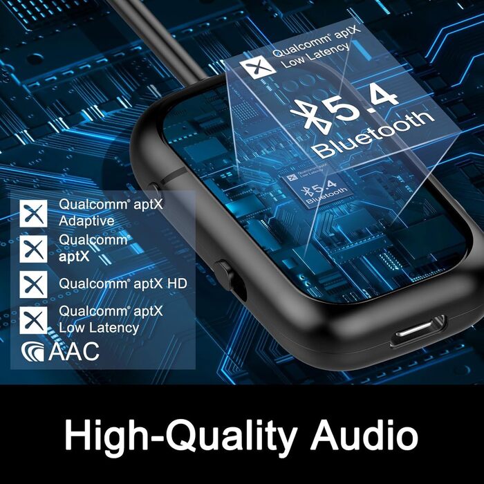 Bluetooth-адаптер 2-в-1 для літака (трансмітер та ресивер) з підтримкою aptX, роз'єм 3.5 мм Jack, версія 5.4, чорний
