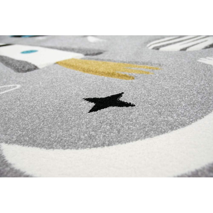 Merino Kids Space Learning Rug with Spaceship, Stars, and Planets in Gray, Size 200 x 290 cm