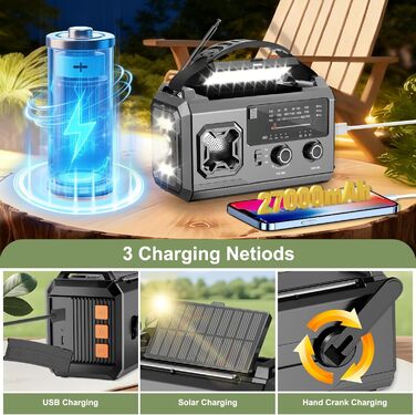 Радіо з ручкою та сонячною панеллю Kurbelradio 27000mAh – портативне радіо для надзвичайних ситуацій з AM/FM, LED ліхтарик, USB, SOS, сірий