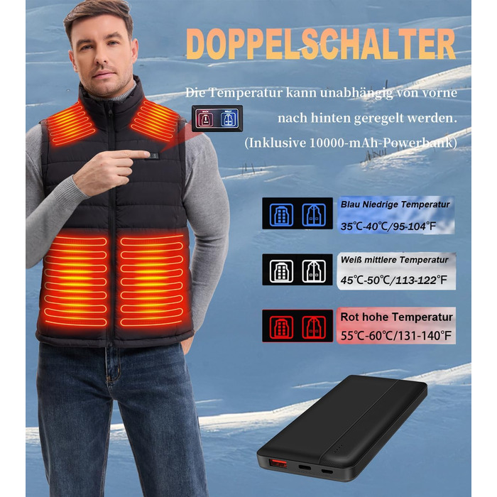 Обогріваючий жилет для чоловіків з акумулятором, 13 зон нагріву, 3 режими температури, чорний, XL