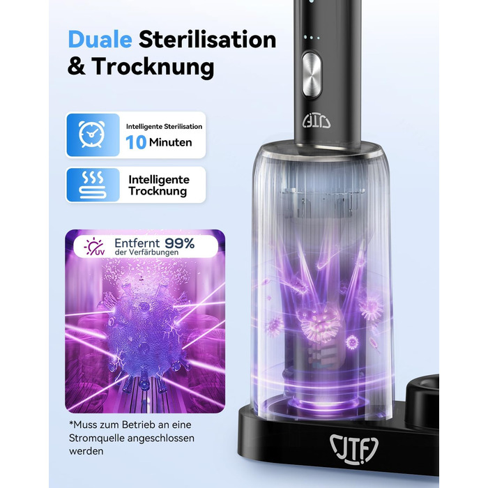 Електрична звукова зубна щітка JTF з УФ-дезінфекцією та сушінням, бездротова зарядка, 5 режимів чищення, 6 насадок, стаканчик для полоскання, акумуляторна для дому та подорожей (Чорна)