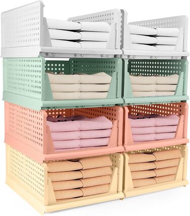 Diealles Stackable Drawer Boxes, 4 Pack Closet Organizer Pull Out, Plastic Drawer Insert Closet, Foldable Closet Drawers for Clothes Closet Pantry(White) (8 Pack Color)