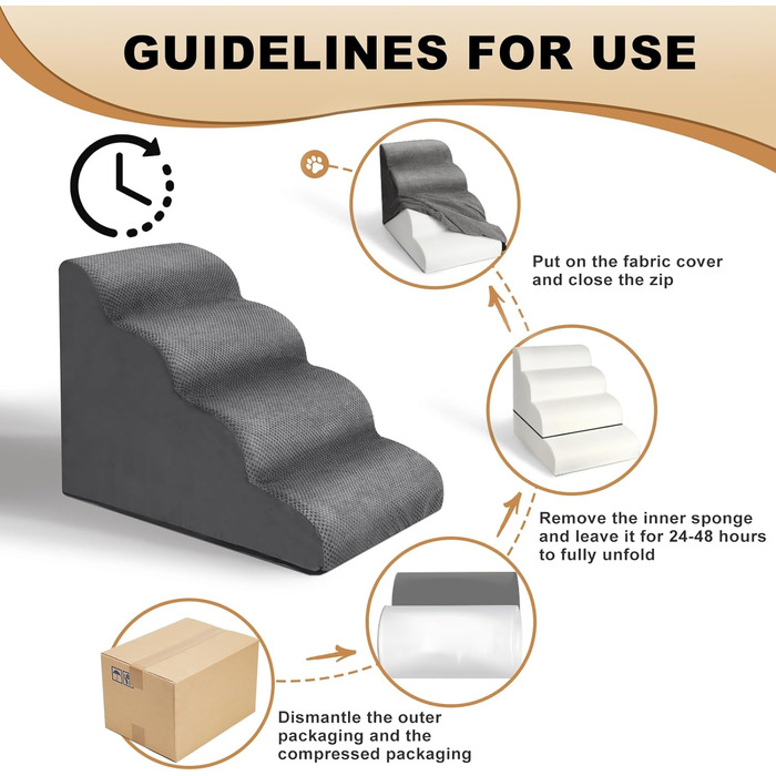 Сходинки для собак маленьких порід Otauoaea: 4 сходинки, протиковзкі, для диванів та ліжок, знімний чохол, сірий колір