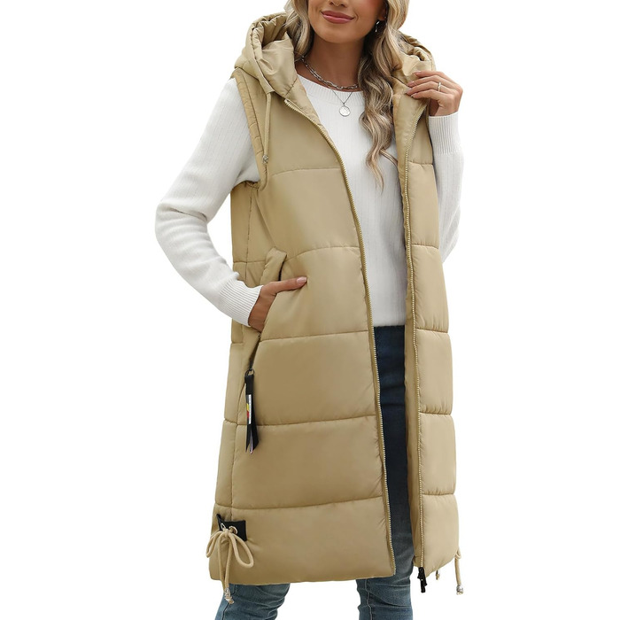 Тепла зимова жилетка Vancavoo з капюшоном, XXL, хакі. Легка стьобана жилетка з пуху для жінок та чоловіків. Перехідна куртка-жилетка на осінь/зиму.