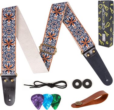 Гітарний ремінь Jacquard з вишивкою з бавовни з кінцями з натуральної шкіри для акустичної гітари GS-89-1 Petal Brown