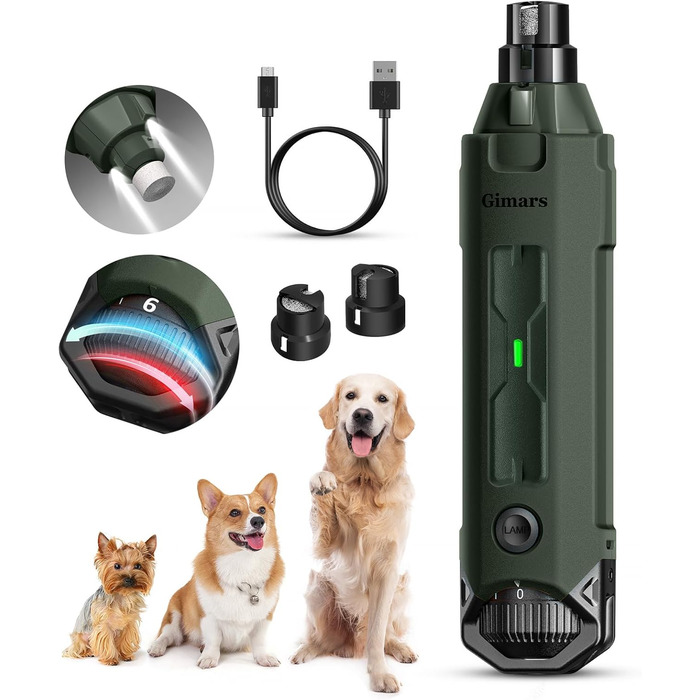 Шліфувальник для собак та котів Gimars 6-ступінчатий з LED-підсвіткою, тихий, 12000 обертів/хв, USB, для великих, середніх та малих тварин (Army Green)