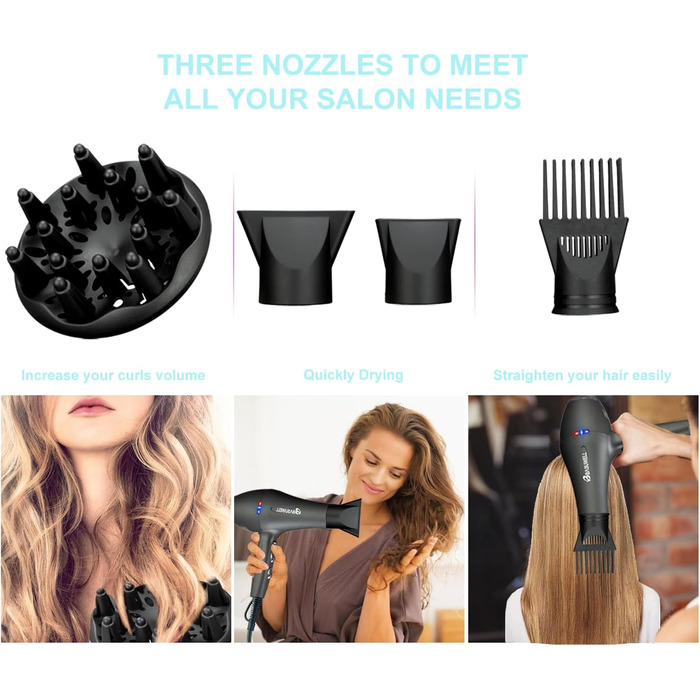 Фен Basuwell Ionen Pro 2100W: Професійний фен для салону краси з іонізацією, 3 режими нагріву, 2 швидкості, насадка-дифузор, AC-двигун, чорний