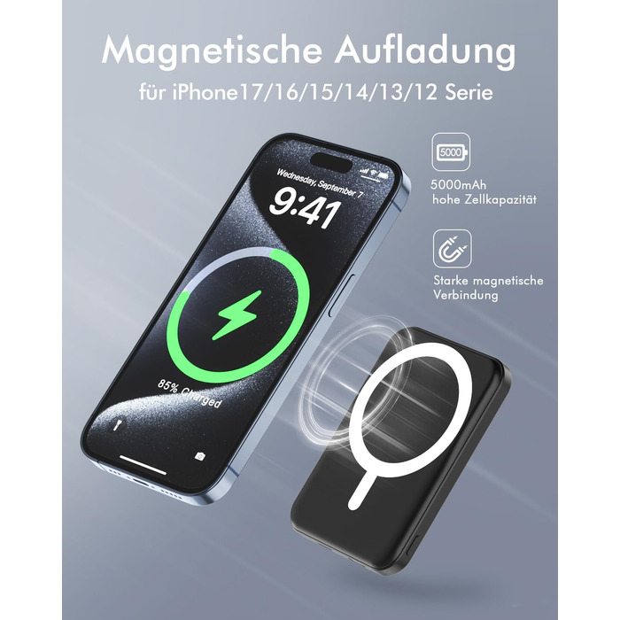 Power Bank MagSafe 5000mAh для iPhone: Швидка зарядка 20W, USB-C, Магнітне з'єднання, Сумісність з iPhone 17/16/15/14/13/12 - Чорний