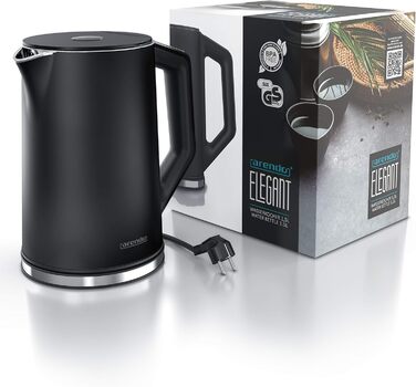 Arendo - Stainless Steel Kettle with Temperature Setting 40-100 Degrees in 5-Degree Increments - Double-Walled Design - Model ELEGANT - 1.5 Liter - 2200 W - Tea Kettle with Temperature Indicator - GS - Black