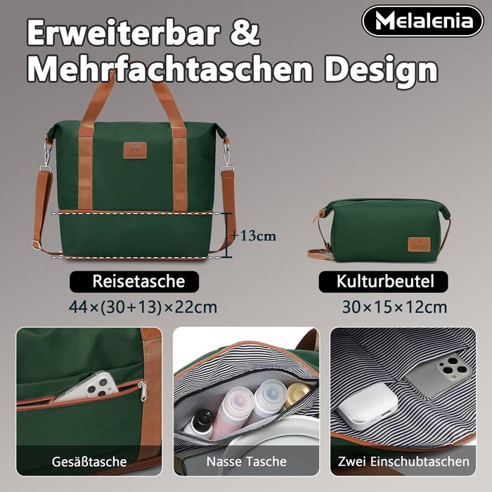 Набір валіз Melalenia 7 предметів з жорстким корпусом, легкий, на 4 колесах з TSA-замком. Включає косметичку, сумку для подорожей та кулькову сумку (зелений, 53см, набір ручної поклажі 4 предмети)