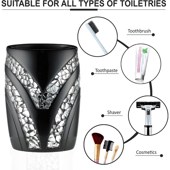 Набір аксесуарів для ванної кімнати Zahari Home Sinatra: мильниця, дозатор мила, стакан, тримач для зубних щіток, чорний, з мозаїкою, 4 шт.