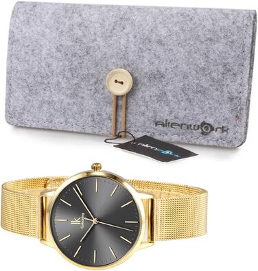 Жіночий годинник Alienwork IK Minimalist, ультратонкий, сітчасте браслет (Золото / Сірий / Золоте сітчасте браслет)