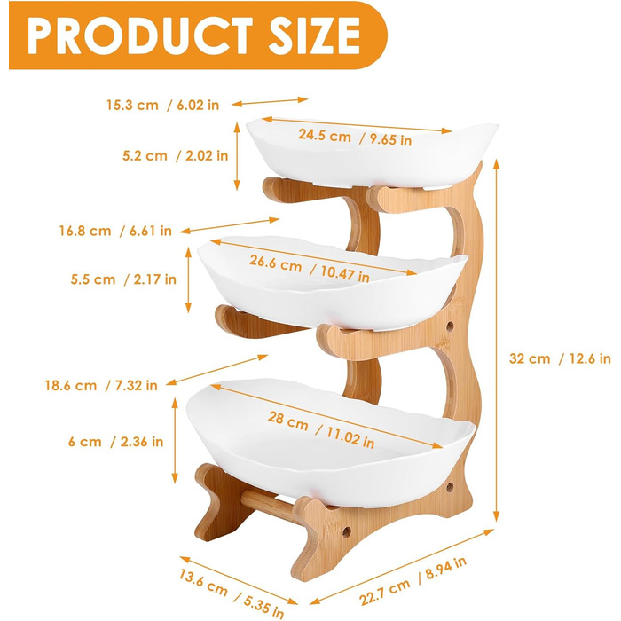 DEECOZY Трирівнева підставка для фруктів та овочів з бамбуком, біла. Організатор для зберігання фруктів, овочів та закусок