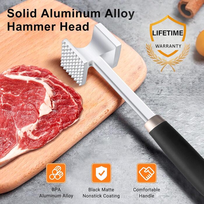 Кльопар для м'яса HOOMIL, двосторонній антипригарний, для шніцелів та стейків - сріблястий квадратний