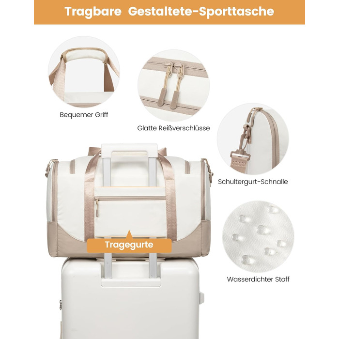 Спортивна сумка LOVEVOOK для жінок, 30L: дорожня сумка з відділенням для взуття та мокрих речей, невелика сумка для залу, плавання, сауни, ручної поклажі для спорту, фітнесу, тренувань та подорожей, водонепроникна, B-beige, Aprikose, 45x24x28cm (30L)
